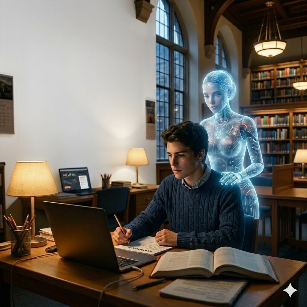 Estudiante con IA holográfica en biblioteca